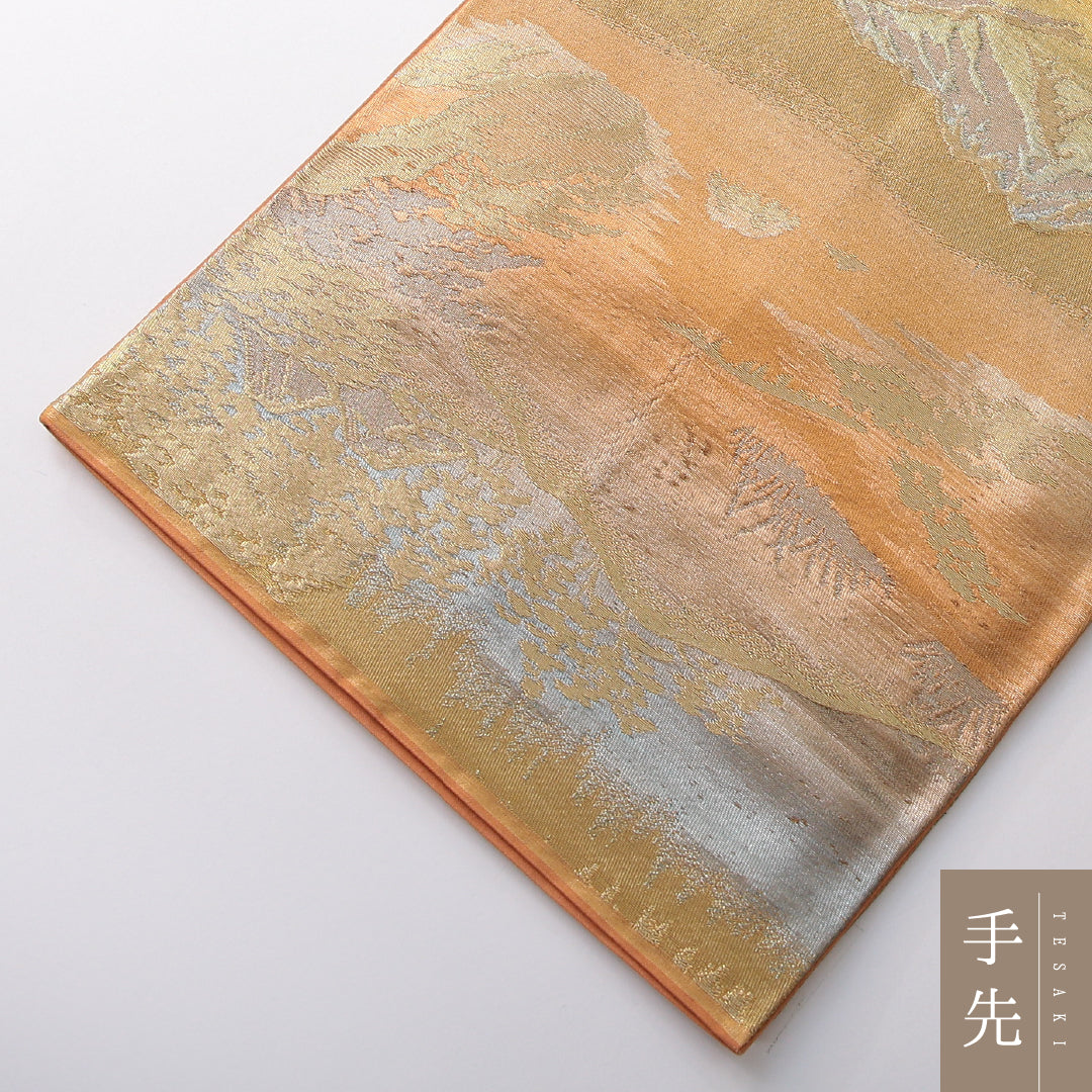 袋帯 帯丈412cm セミフォーマル 六通 Sランク 正絹 山 茶系 1223-02159