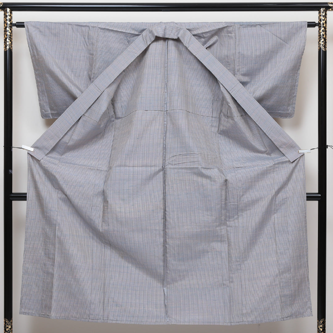 紬 単衣 身丈145cm 裄丈62cm 正絹 Bランク XSサイズ バチ衿 カジュアル 縞 グレー系 1216-02915