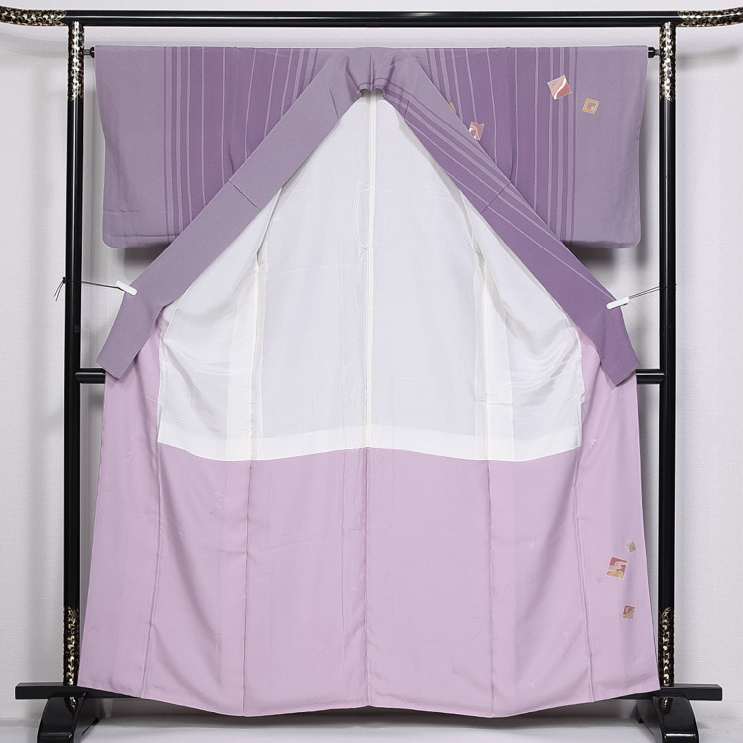 付下げ 袷 身丈160cm 裄丈64cm 正絹 Sランク インフォーマル 広衿 Lサイズ ガード加工 縞 創作柄 紫系 RP 1218-10393
