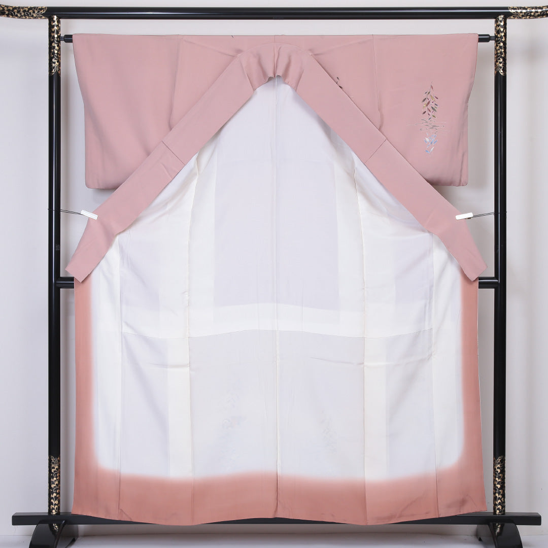 訪問着 袷 身丈160~164cm 裄63cm 正絹 鴛鴦 ぼかし ピンク系 Aランク 1212-00573