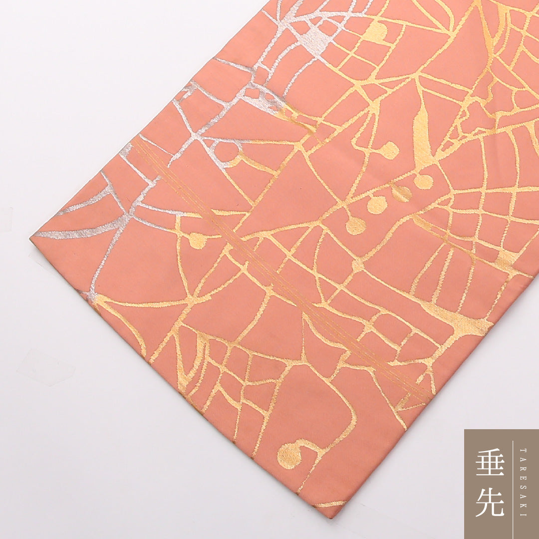 名古屋帯 六通 帯丈343cm カジュアル Bランク 正絹 綴れ織 金箔 銀箔 創作 ピンク系 1224-02341
