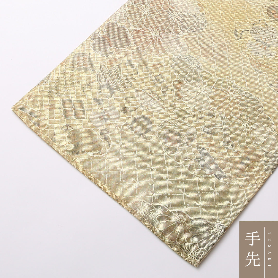 袋帯 帯丈428cm 正絹 六通 フォーマル 楼閣 山水 金系 1243-01622