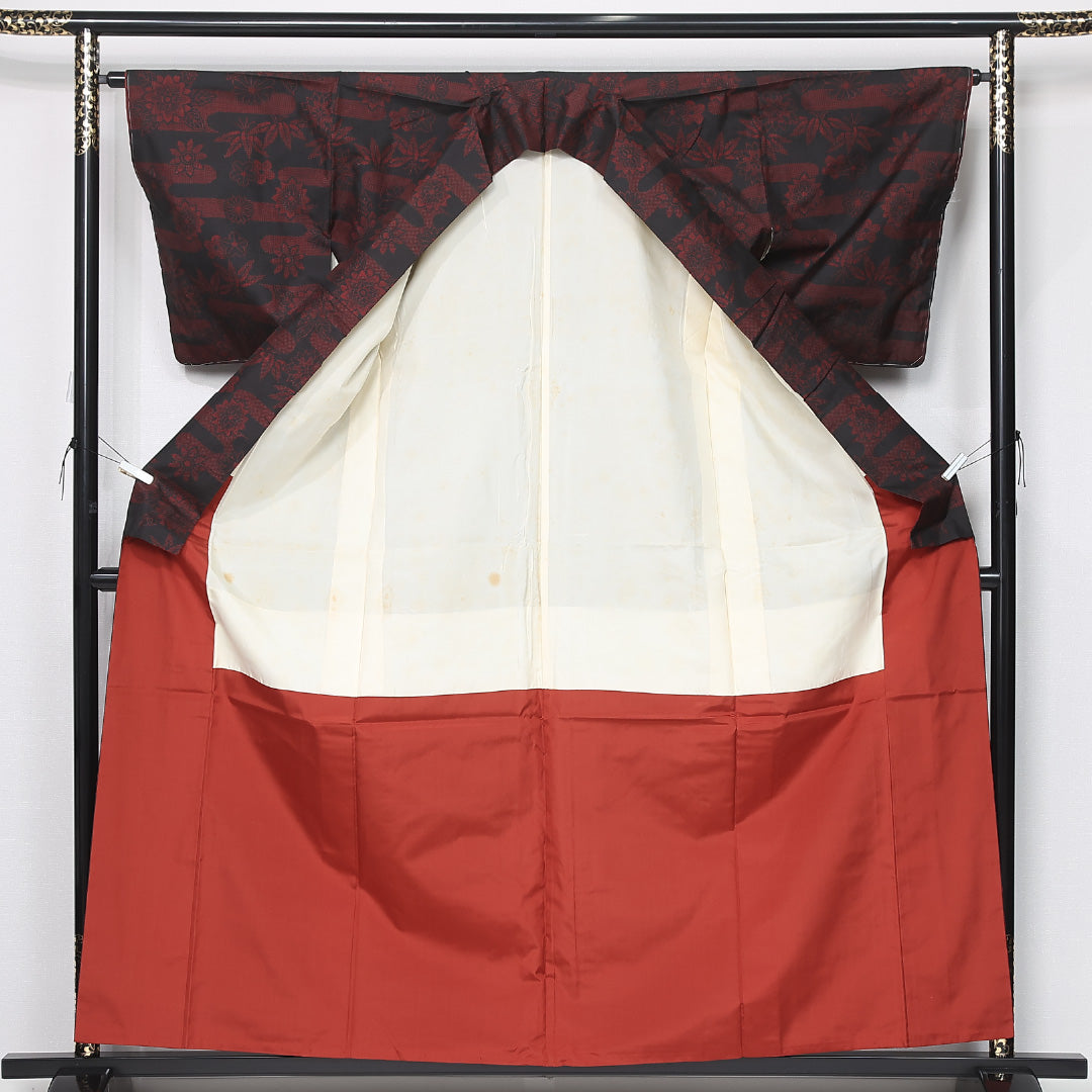 紬 袷 身丈160cm 裄丈64cm 正絹 Aランク カジュアル 広衿 Lサイズ エ霞 花柄 黒系 HP 1223-12155