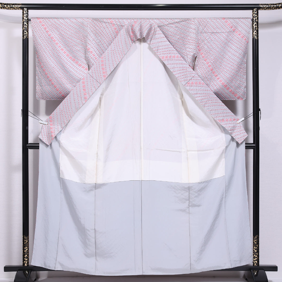 小紋 袷 身丈163cm 裄丈66cm 正絹 Aランク インフォーマル 広衿 Lサイズ 創作柄 グレー系 HP 1221-11585