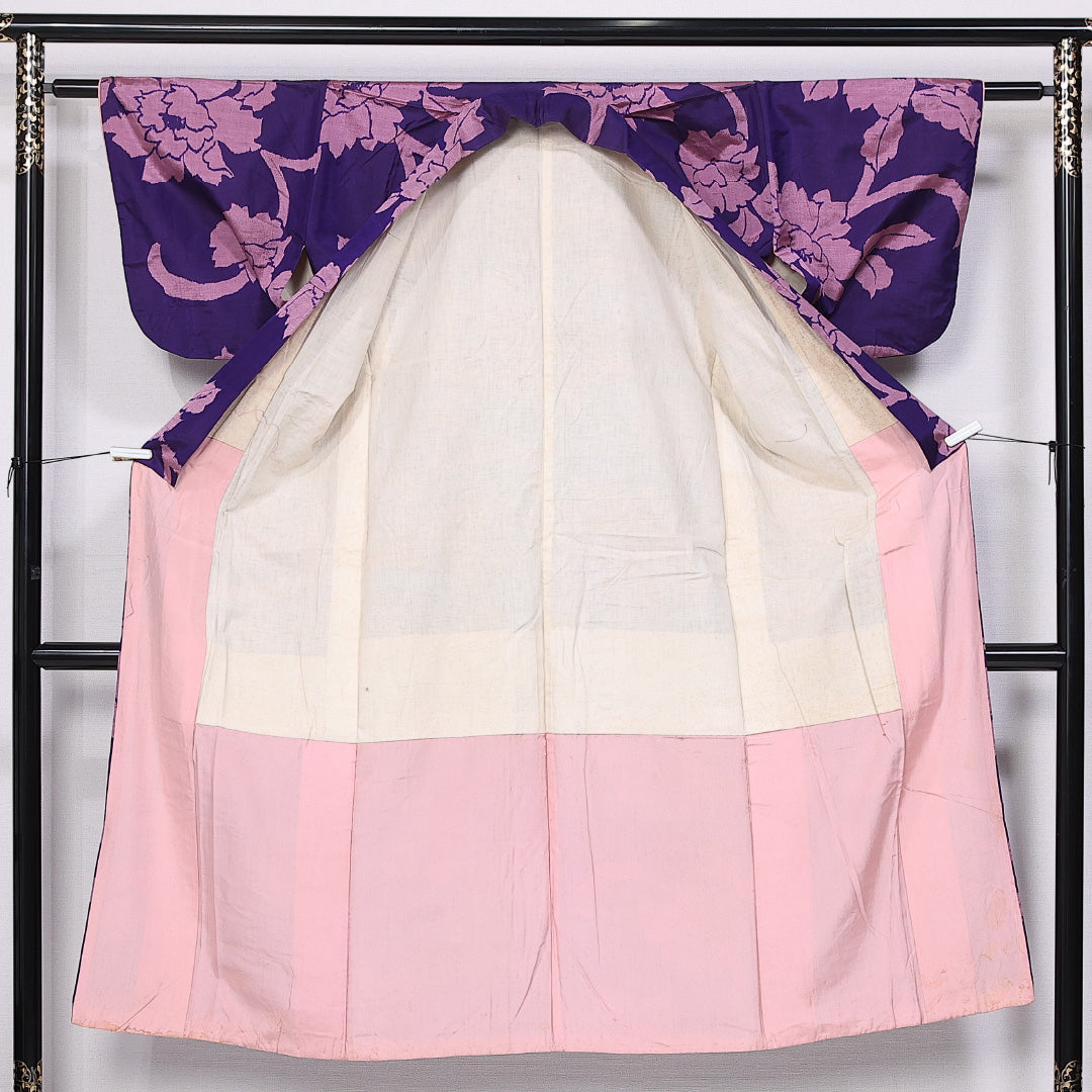 アンティーク 紬 身丈137cm 裄丈58.5cm XS 正絹 Dランク 袷 バチ衿 銘仙 牡丹 1216-10999