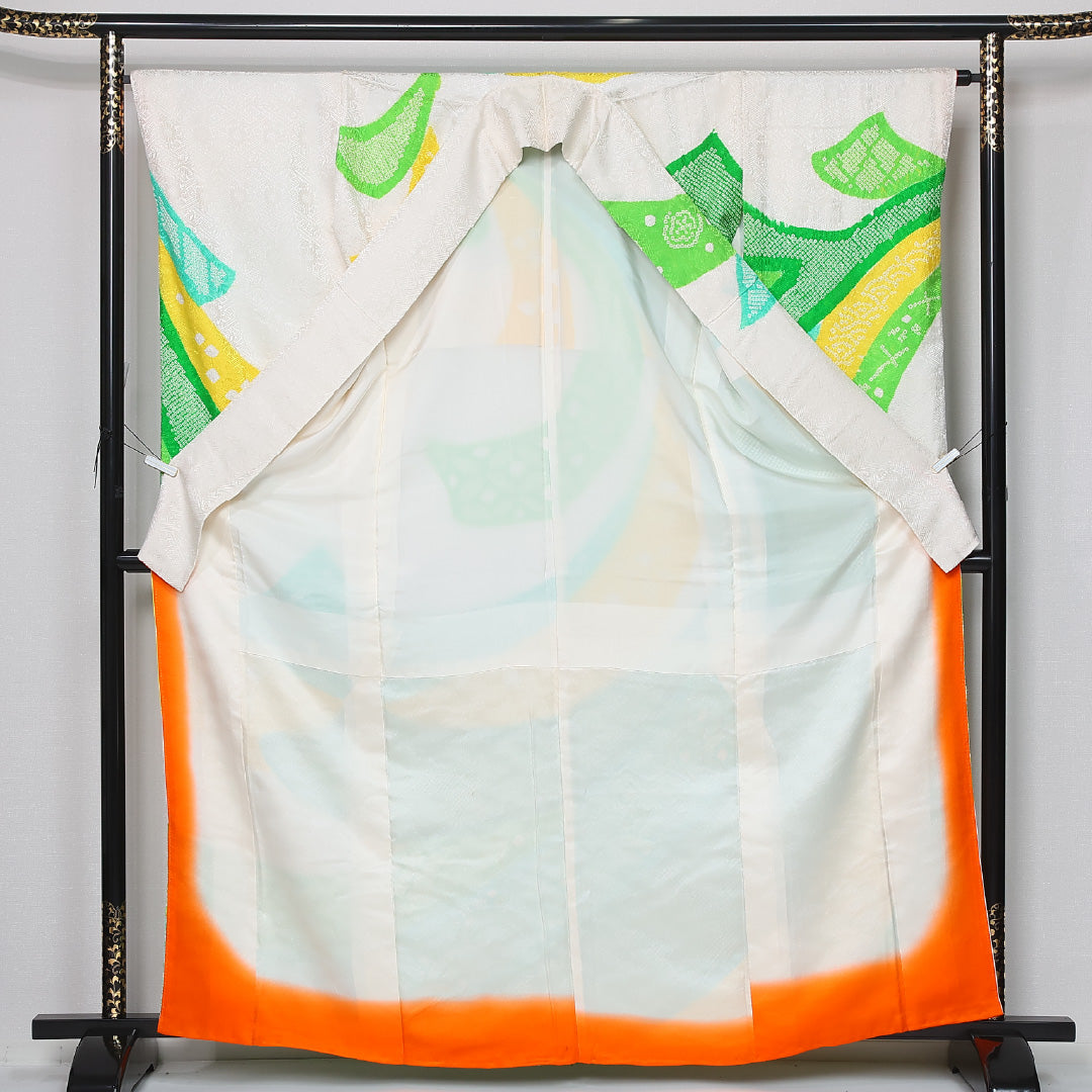振袖 身丈163cm 裄丈63cm Cランク 袷 正絹 XL 広衿 レトロ 絞り 吉祥文様 熨斗 古典柄 白系 1213-F0433