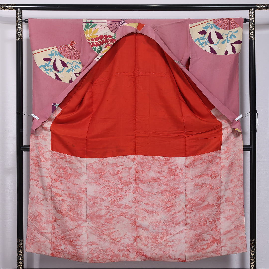 アンティーク 小紋 袷 身丈152cm 裄丈64cm 正絹 Cランク バチ衿 Sサイズ 扇 ピンク系 M4 1221-11814
