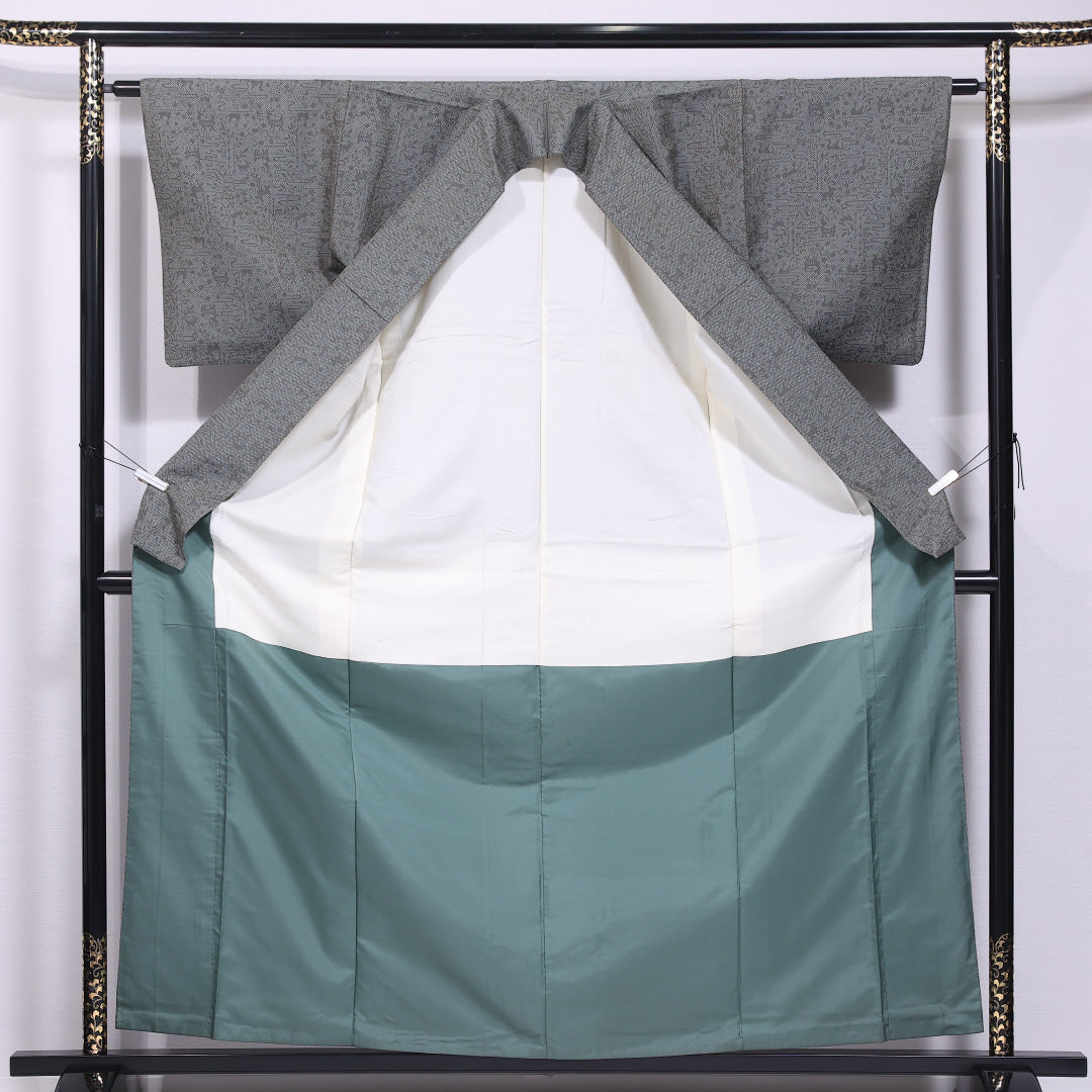 小紋 袷 身丈160cm 裄丈62cm 正絹 Bランク インフォーマル 広衿 Lサイズ 創作柄 グレー系 RP 1221-11811
