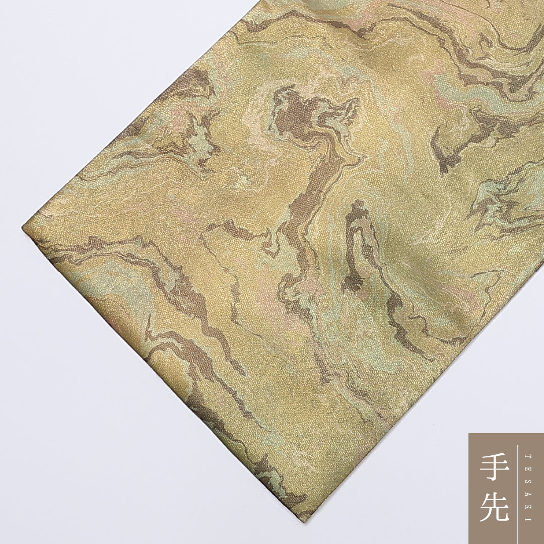 袋帯 帯丈452cm 六通 墨流し 引箔 カジュアル 金系 正絹 Sランク 1223-00948