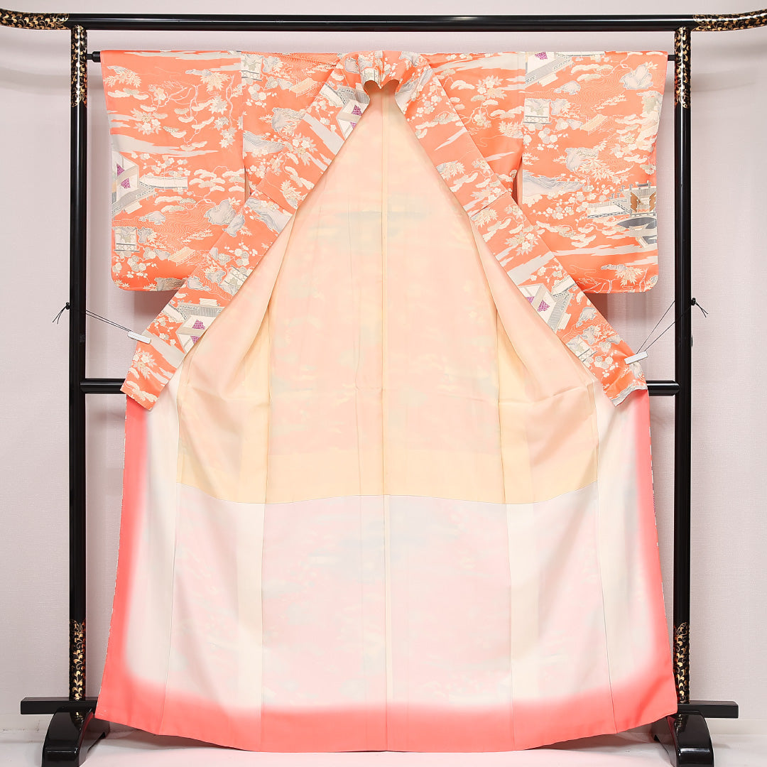 小紋 袷 身丈166cm 裄丈64cm 正絹 Aランク インフォーマル 広衿 XLサイズ 御所解 朱系 HP 1221-13388