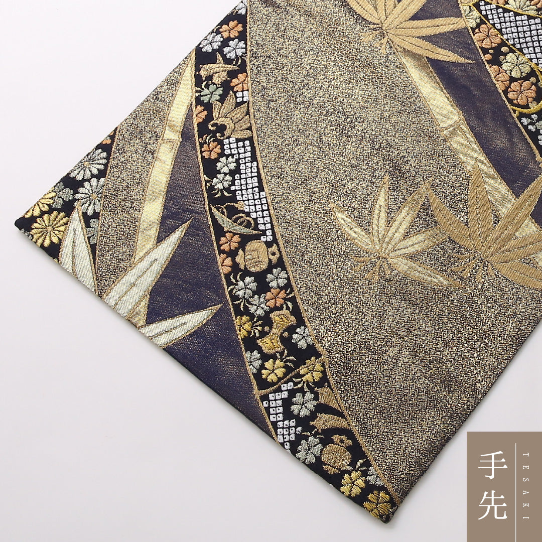 袋帯 帯丈424cm 正絹 全通 フォーマル 裂取り 吉祥文様 金系 黄系 1243-01675