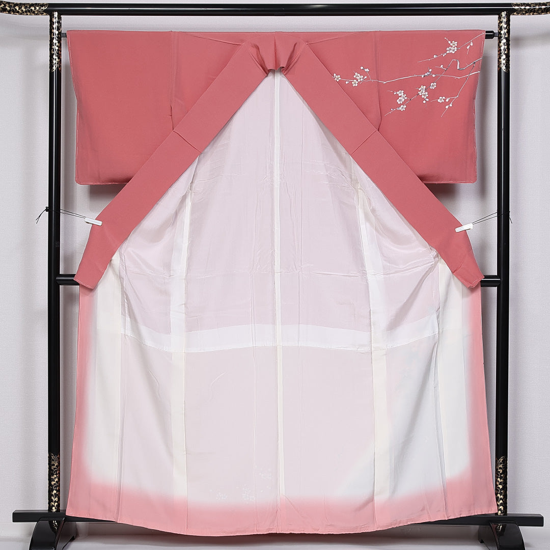 訪問着 身丈161cm 裄丈63cm 正絹 Sランク 袷 広衿 梅 牡丹 作家物 落款 しつけ糸 1212-10219