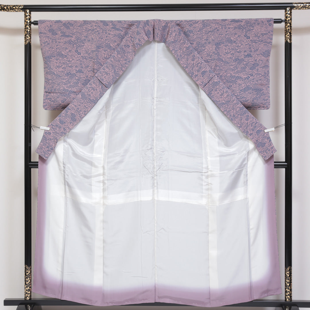 小紋 ちりめん 袷 身丈158cm 裄63cm ピンク系 茶屋辻 型染め 正絹 Sランク しつけ糸 1215-01770-2313