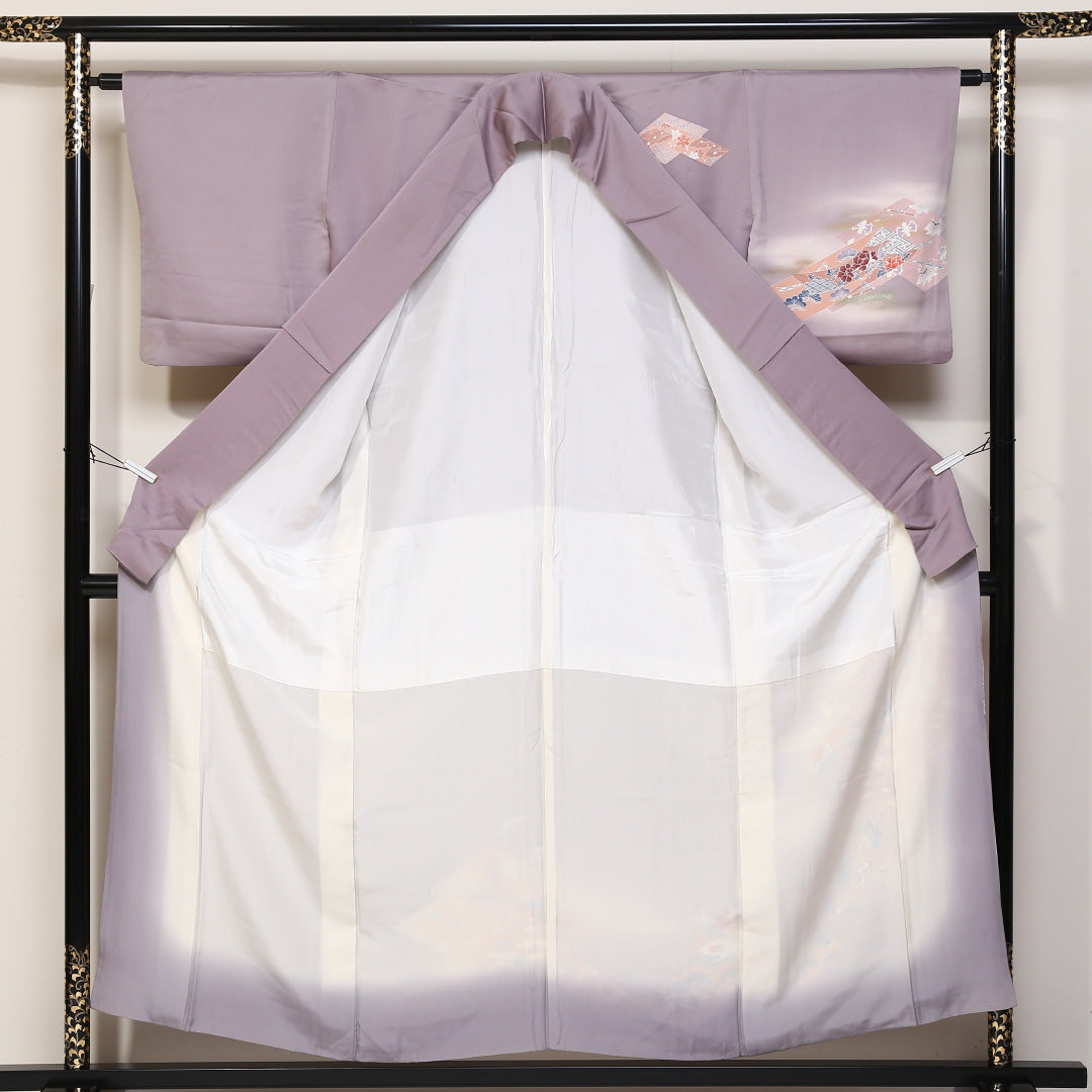 訪問着 袷 身丈154cm 裄丈63cm 正絹 Aランク セミフォーマル 広衿 Sサイズ ぼかし染 金彩 鶴 吉祥文様 紫系 RP 1217-04408