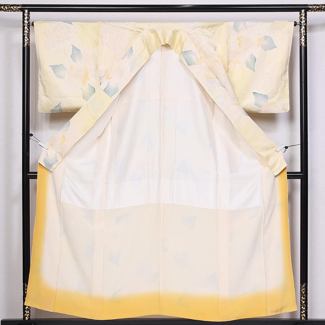 小紋 袷 身丈155cm 裄丈64cm 正絹 Cランク インフォーマル 広衿 Mサイズ 花柄 黄系 GP 1221-10529