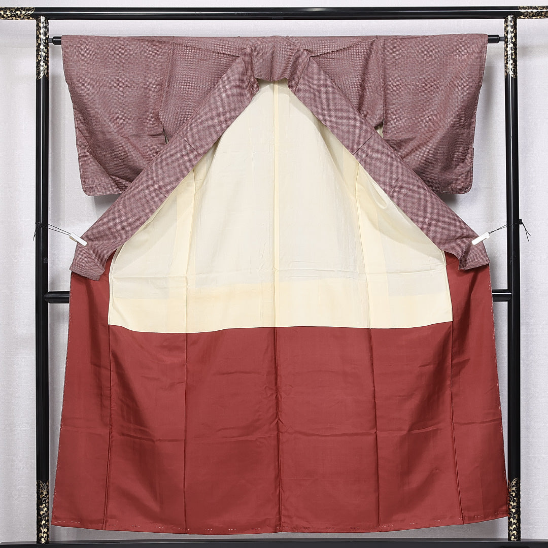 紬 袷 身丈155cm 裄丈62cm 正絹 Aランク カジュアル 広衿 Mサイズ 蚊絣 ピンク系 HP 1223-10948