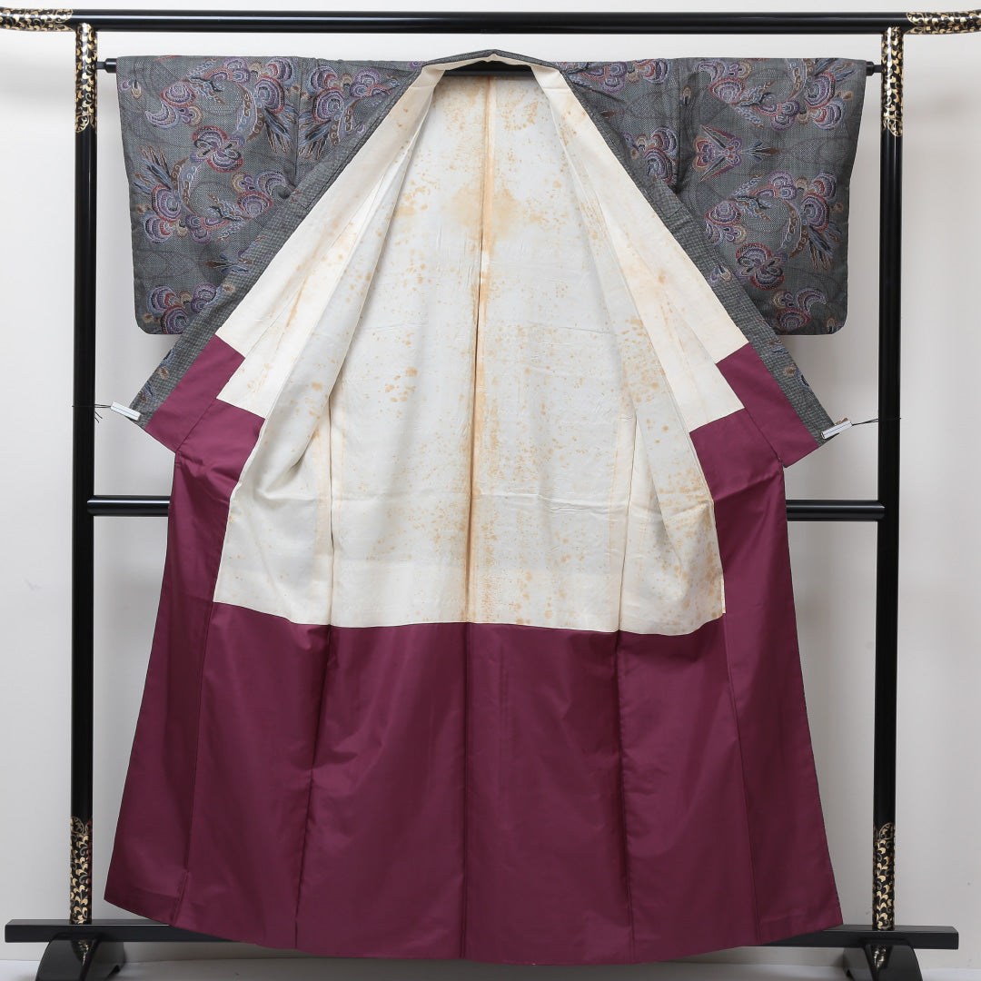 大島紬 袷 身丈158cm 裄65cm 正絹 グレー系 Aランク 1216004203322