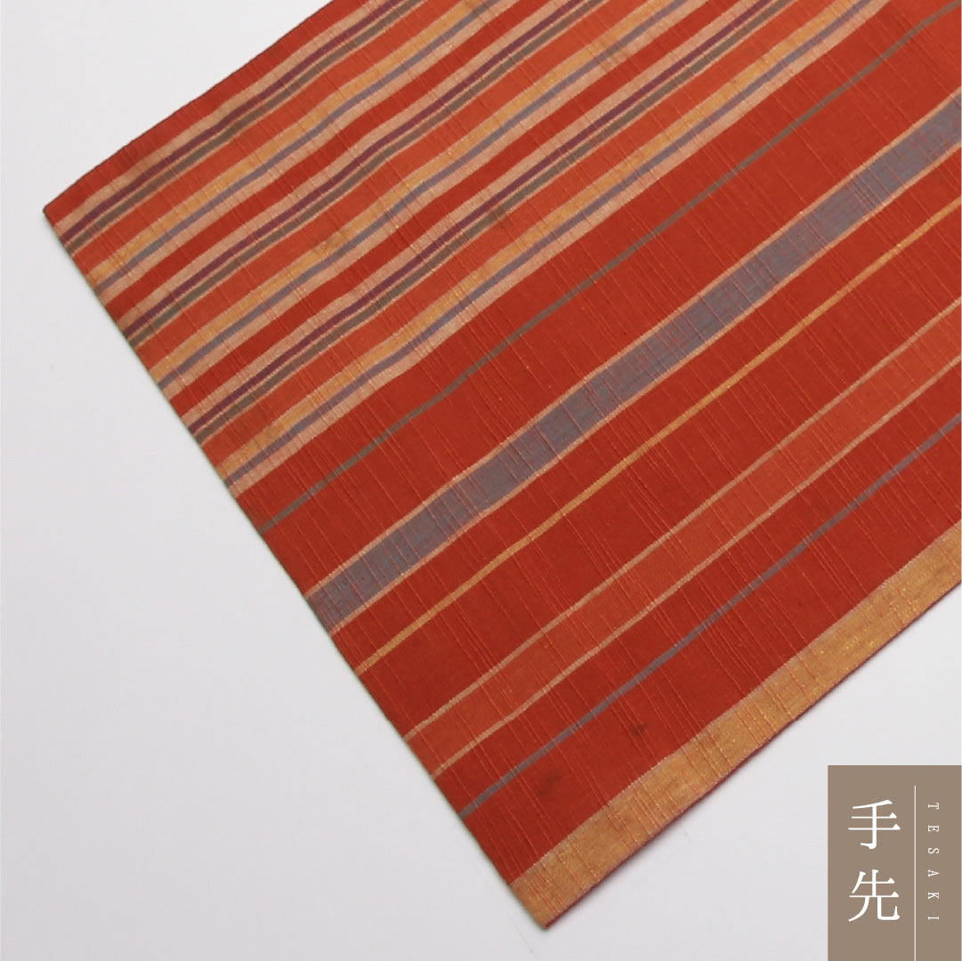 名古屋帯 帯丈352cm Cランク 開き仕立て 全通 正絹 遠州綿紬 紬 縞 カジュアル 朱系 1224-01945