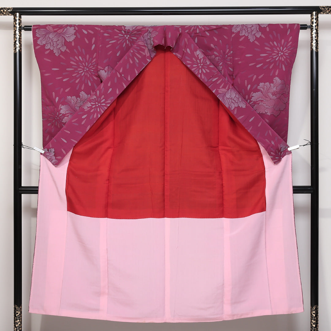 アンティーク 紬 袷 身丈146cm 裄62.5cm 正絹 ピンク系 Aランク 牡丹 1216-00650-3113