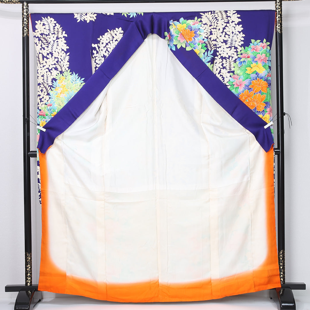 振袖 身丈166cm 裄丈67.5cm Cランク 袷 正絹 XS 広衿 モダン 花柄 ボタニカル 青系 1213-F0447