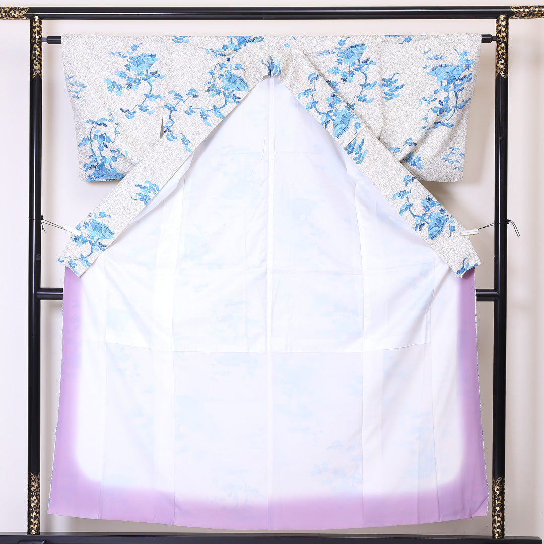 洗える着物 小紋 袷 身丈157cm 裄丈62cm ポリエステル Cランク インフォーマル 広衿 Mサイズ 茶屋辻 梅 松 白系 LP 1221-01979