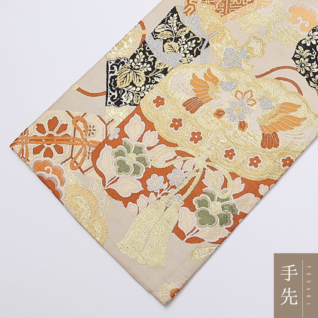 アンティーク 丸帯 帯丈400cm 正絹 全通 唐織 龍 丸文 金系 1242-00896