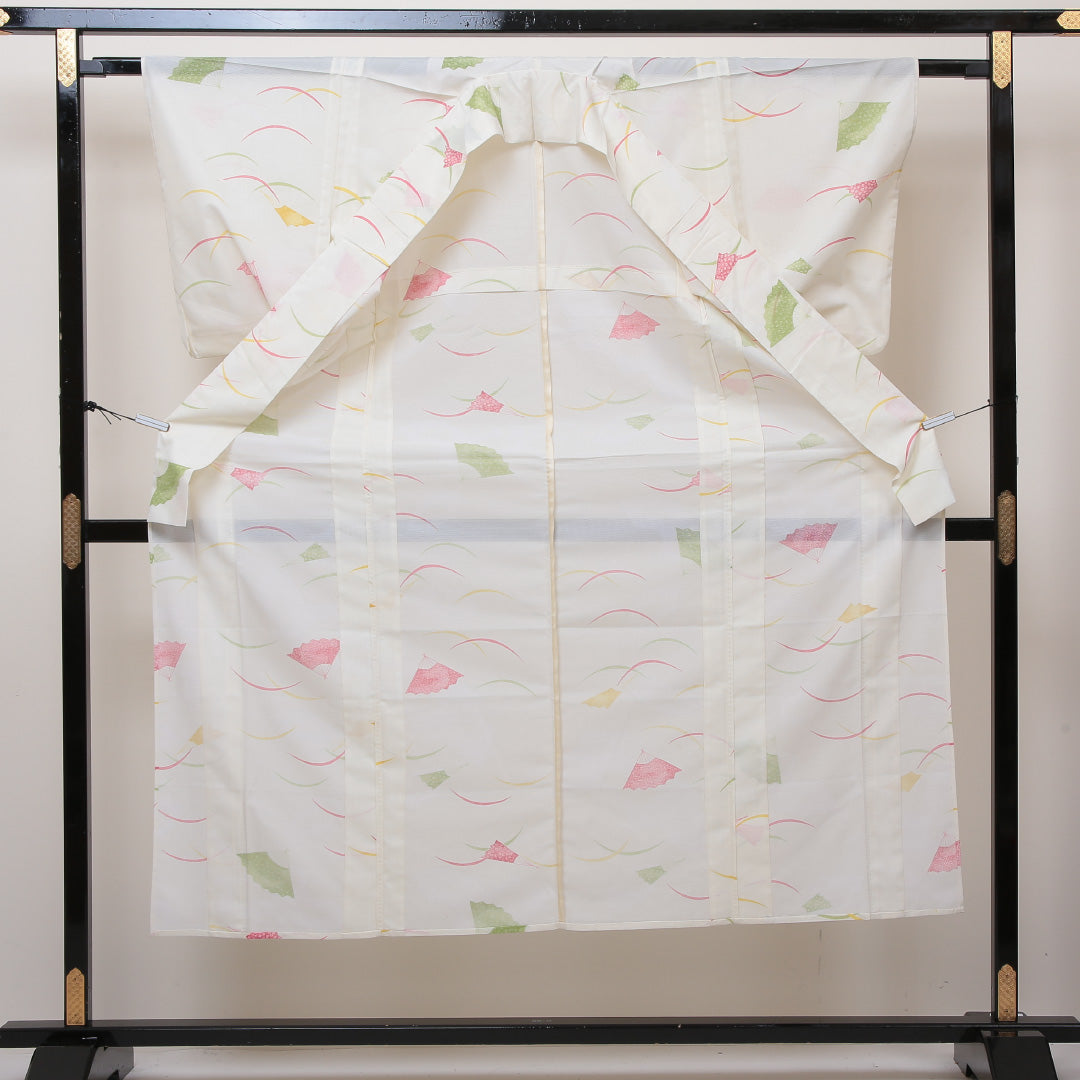 小紋 絽 身丈147cm 裄62.5cm クリーム系 洗える着物 Sランク 夏着物 1215011122115