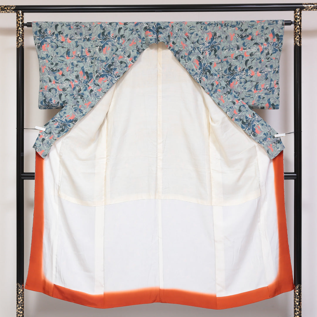 小紋 袷 身丈148cm 裄丈62cm 正絹 Sランク インフォーマル 広衿 XSサイズ 花柄 水色系 RP 1221-01752