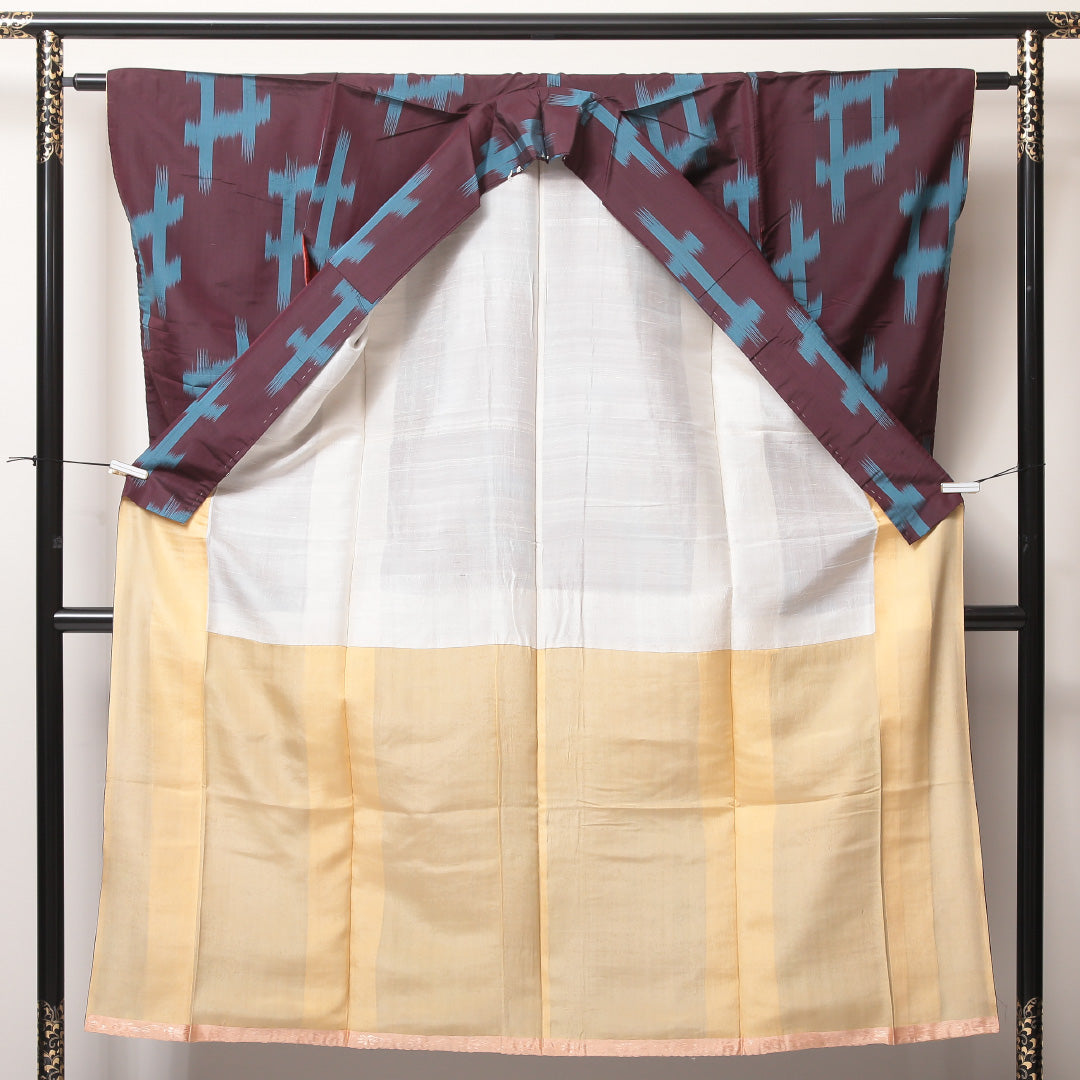 アンティーク 紬(銘仙) 袷 身丈148cm 裄丈61cm 正絹 Cランク XSサイズ 広衿 井絣 紫系 1216-03512