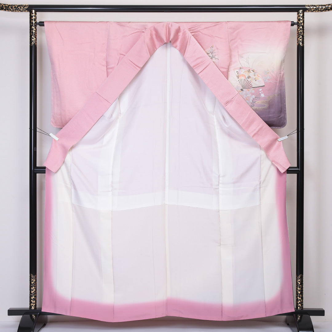 訪問着 袷 身丈162cm 裄丈64cm 正絹 Sランク セミフォーマル 広衿 Lサイズ ぼかし染 金彩 扇 花柄 ピンク系 PO 1217-04534