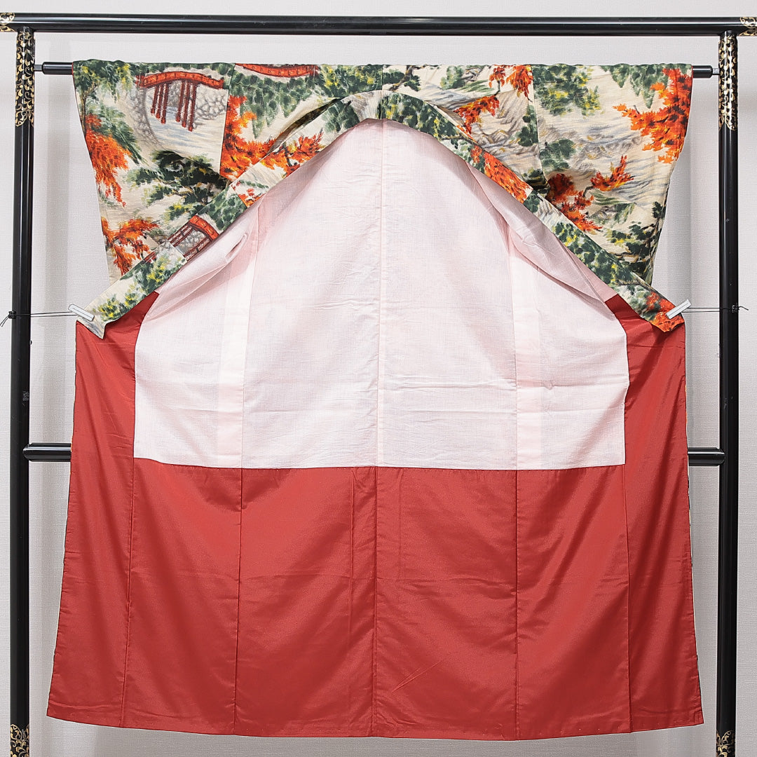 アンティーク 紬(銘仙) 袷 身丈144cm 裄丈61cm 正絹 Aランク XSサイズ バチ衿 橋 松 クリーム系 多色系 1216-15624