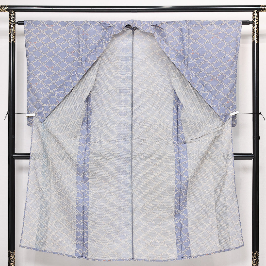 アンティーク 夏物 小紋 絽 身丈143cm 裄丈62cm 正絹 Aランク バチ衿 XSサイズ 菱 水色系 RP 1221-13346
