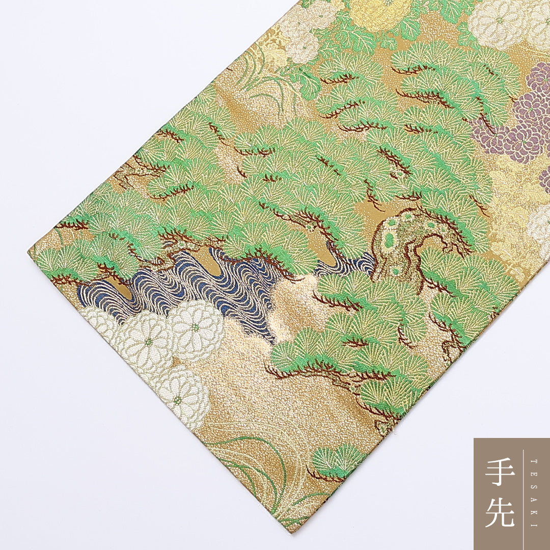 アンティーク 丸帯 帯丈388cm 全通 松 菊 緑系 フォーマル 金系 正絹 Aランク 1223-00985