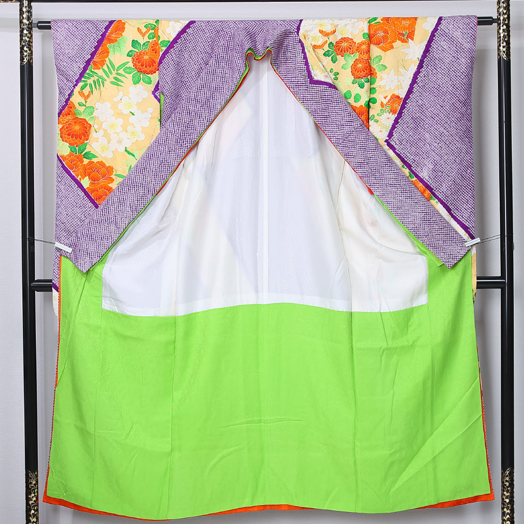 振袖 身丈150cm 裄丈61.5cm Aランク 袷 正絹 S 広衿 絞り 吉祥文様 古典柄 菊 牡丹 紫系 1213-F0445