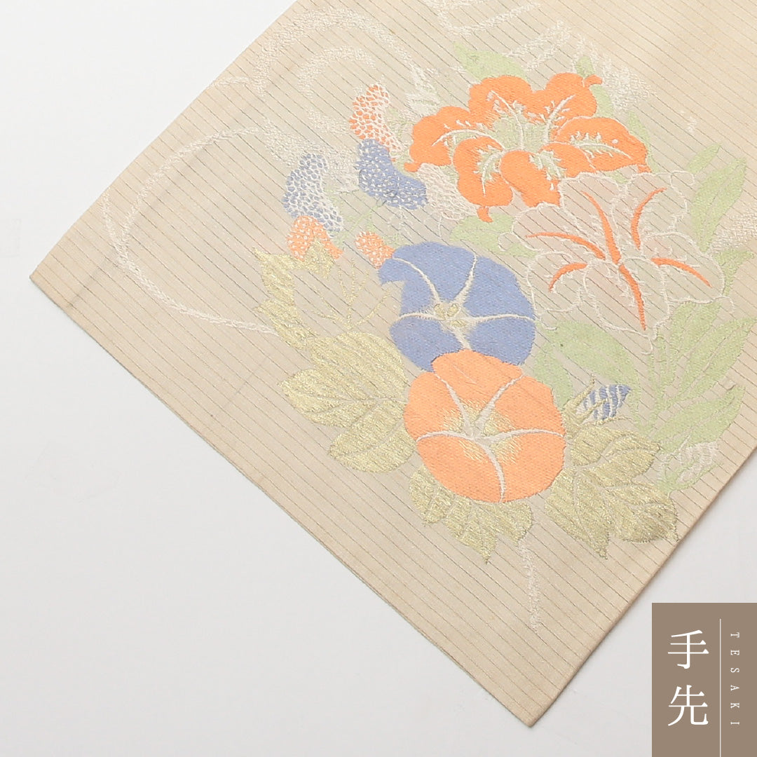 アンティーク 夏物 丸帯 帯丈412cm 正絹 六通 帯端のみ未仕立て 帯芯なし 朝顔 クリーム系 1242-01482