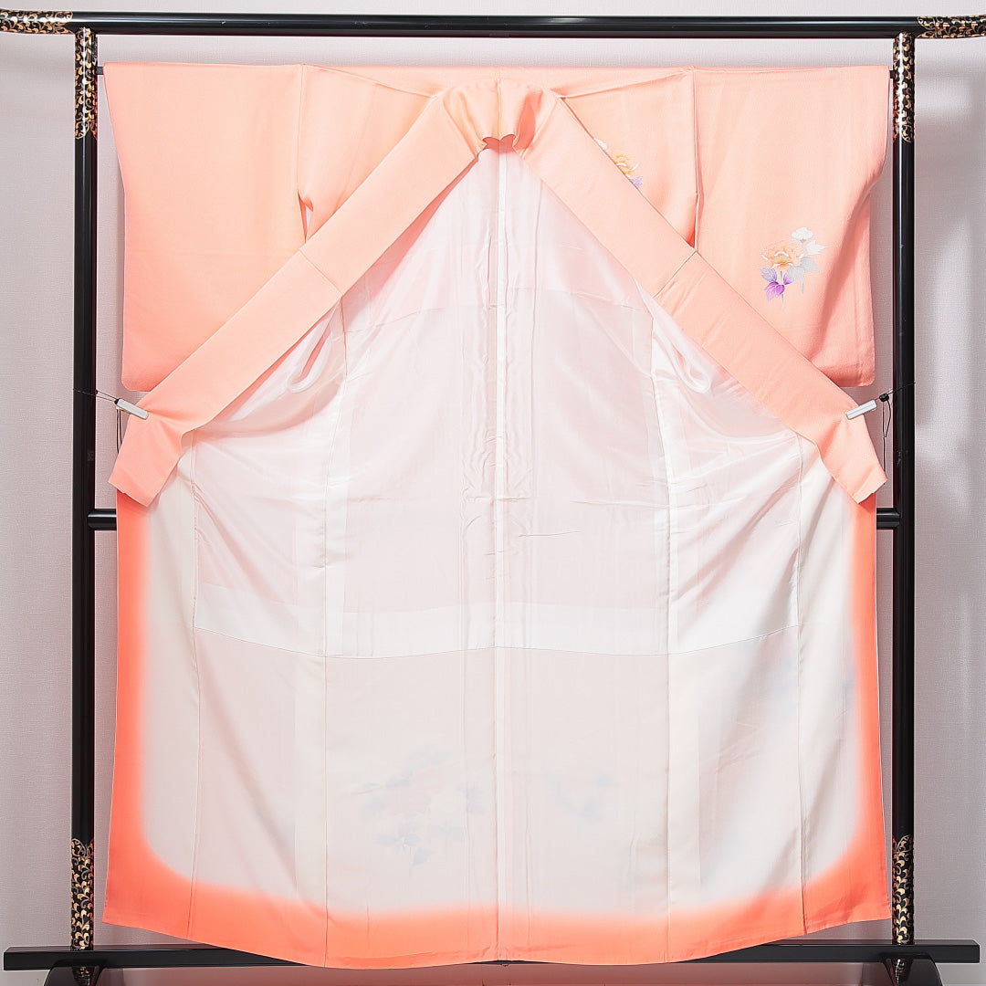 訪問着 袷 身丈159cm 裄丈65cm 正絹 Sランク Mサイズ 広衿 セミフォーマル 牡丹 朱系 1212-14956