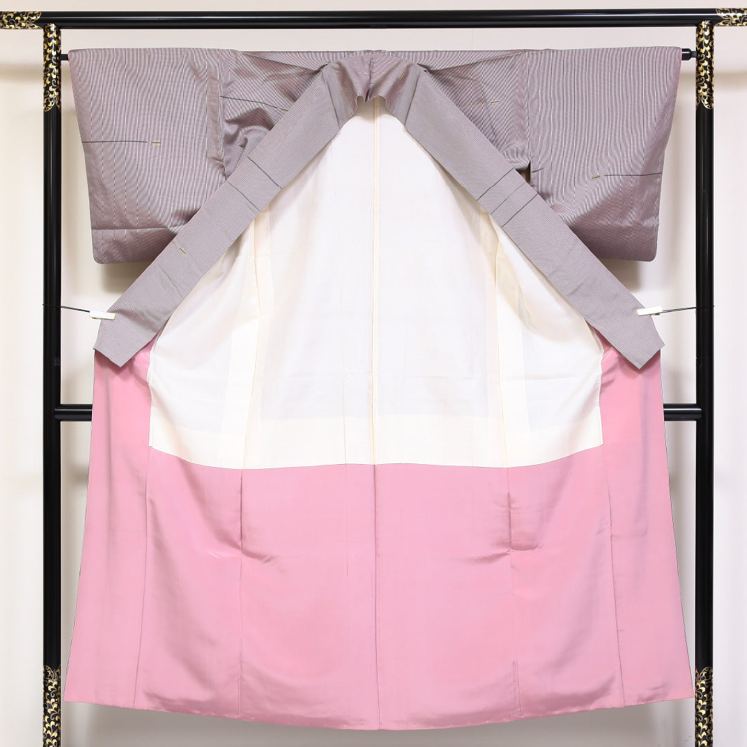 紬 袷 身丈152cm 裄丈65cm 正絹 Bランク Sサイズ 広衿 カジュアル 創作柄 紫系 1216-03176