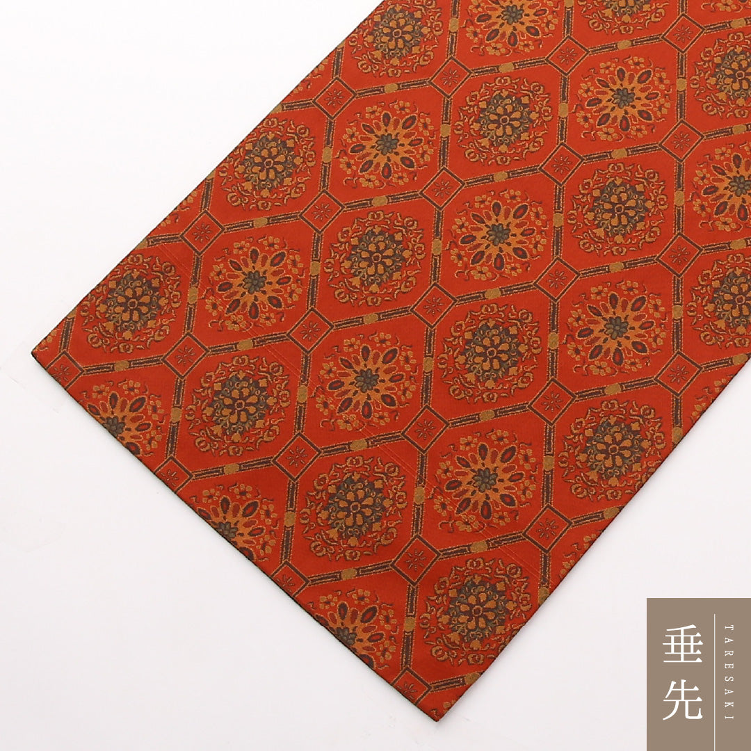 名古屋帯 全通 帯丈357cm カジュアル Sランク 正絹 唐草 蜀江 朱系 1224-02297