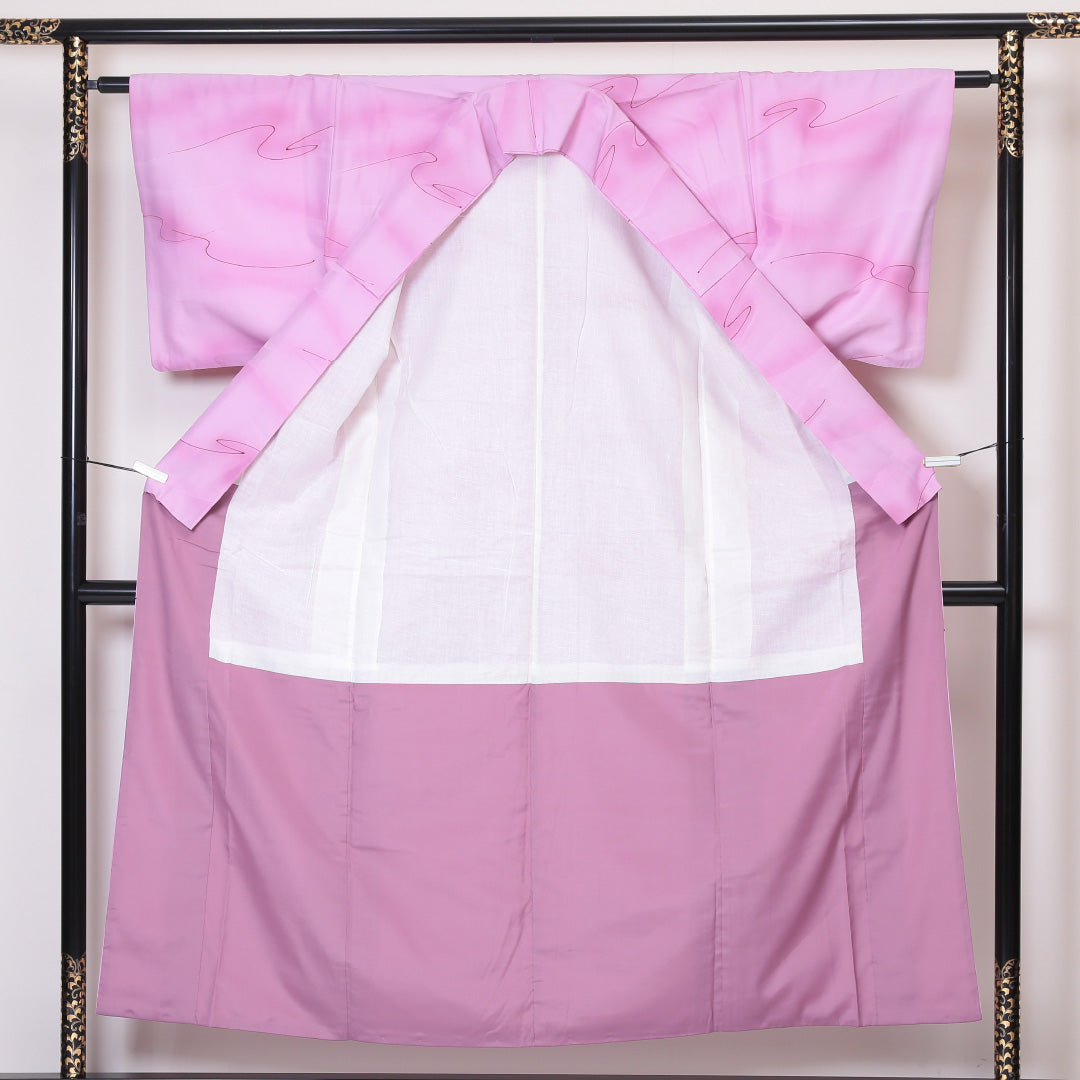 小紋 袷 身丈152cm 裄61cm ピンク系 流水 洗える着物 Bランク 1215-01860-4213