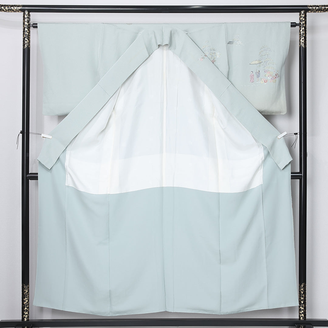 訪問着 身丈154cm 裄丈63.5cm Aランク S 正絹 袷 広衿 一つ紋 五三桐 落款 翠山刺繍 刺繍 ぼかし染 フォーマル 緑系 1212-12198