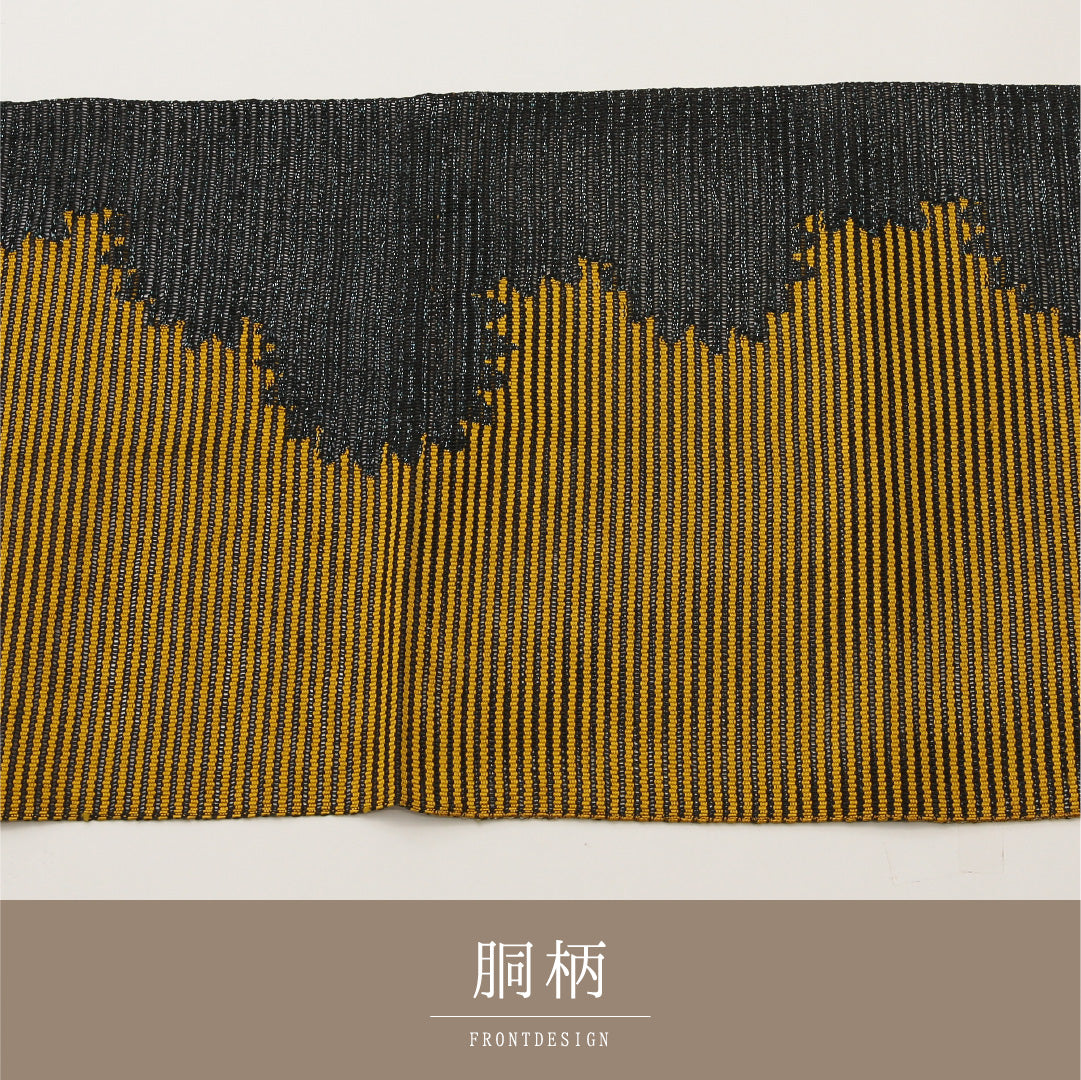 夏物 名古屋帯 六通 帯丈341cm カジュアル Sランク 正絹 絽 しつけ糸 黄系 1224-02025