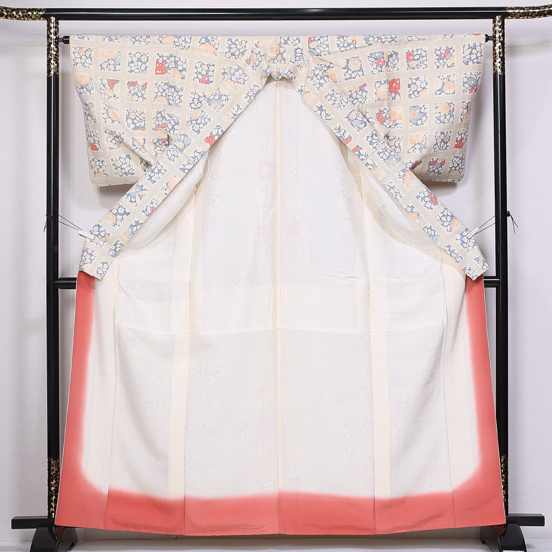 紬 身丈164cm 裄丈63.5cm L 正絹 Cランク 袷 広衿 紬 後染め 絵札 紅葉 桜 菊 梅 1216-10946