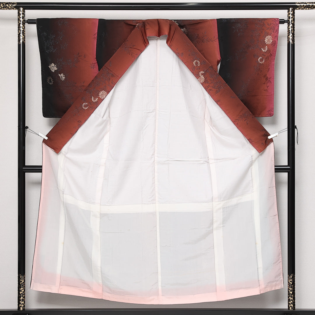 お召 袷 身丈147cm 裄丈60cm 正絹 Aランク インフォーマル 広衿 XSサイズ しつけ糸 菊 赤系 RP 1222-13653