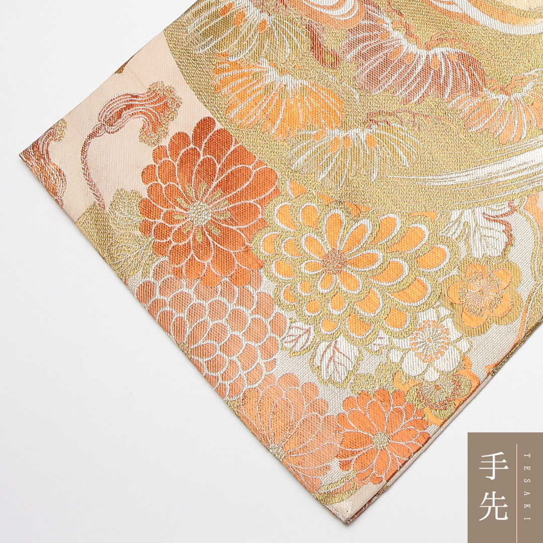 アンティーク 丸帯 帯丈388cm 正絹 全通 花扇 菊 クリーム系 1242-01193