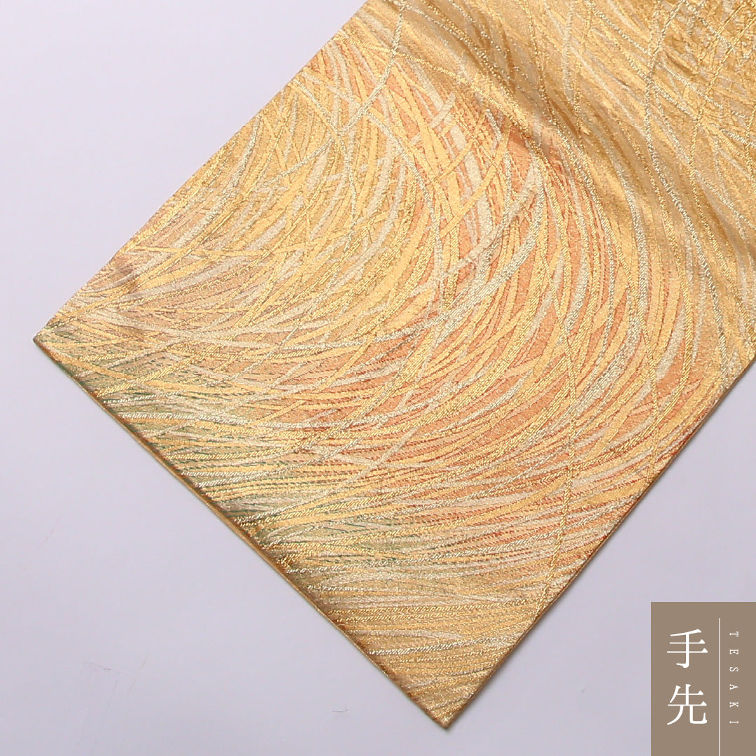 袋帯 帯丈444cm ポリエステル 六通 セミフォーマル 創作柄 金系 黄系 1243-01563
