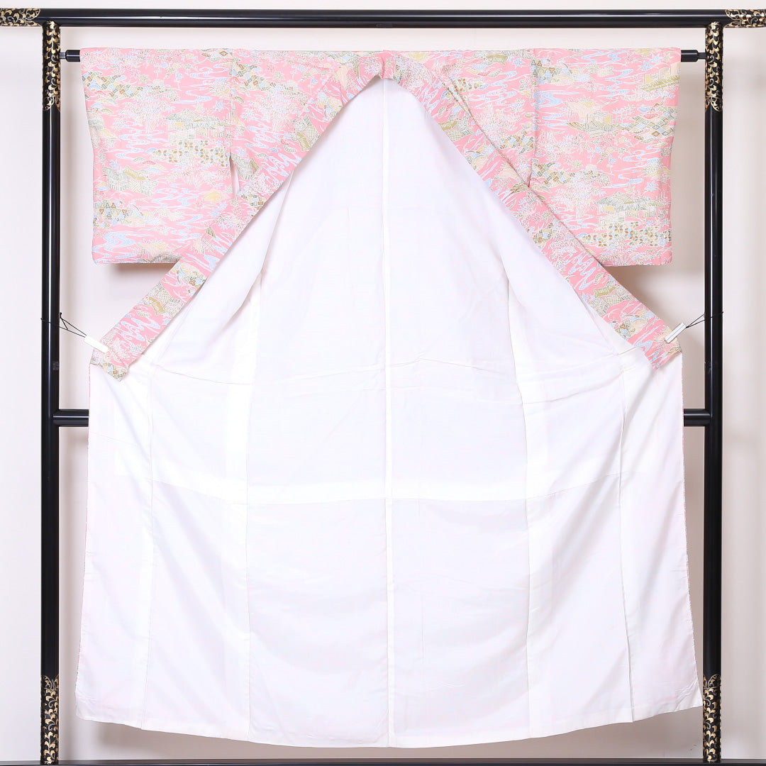 洗える着物 小紋 袷 身丈153cm 裄丈63cm ポリエステル Sランク インフォーマル バチ衿 Sサイズ 茶屋辻 ピンク系 RP 1221-01887