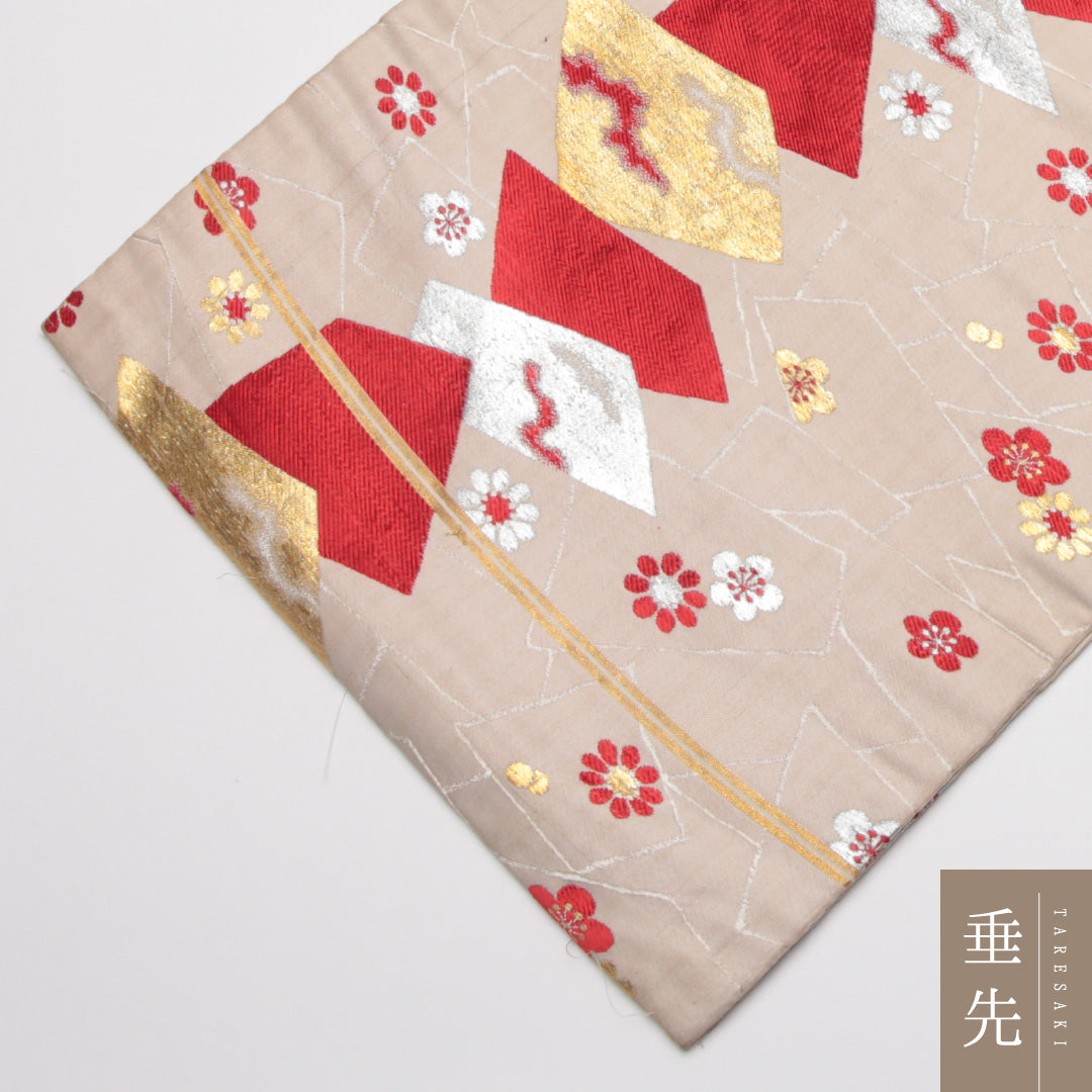アンティーク 九寸名古屋帯 Cランク 帯丈325cm 正絹 全通 開き仕立て 織り 色紙 菊 梅 クリーム系 LP 1245-01539
