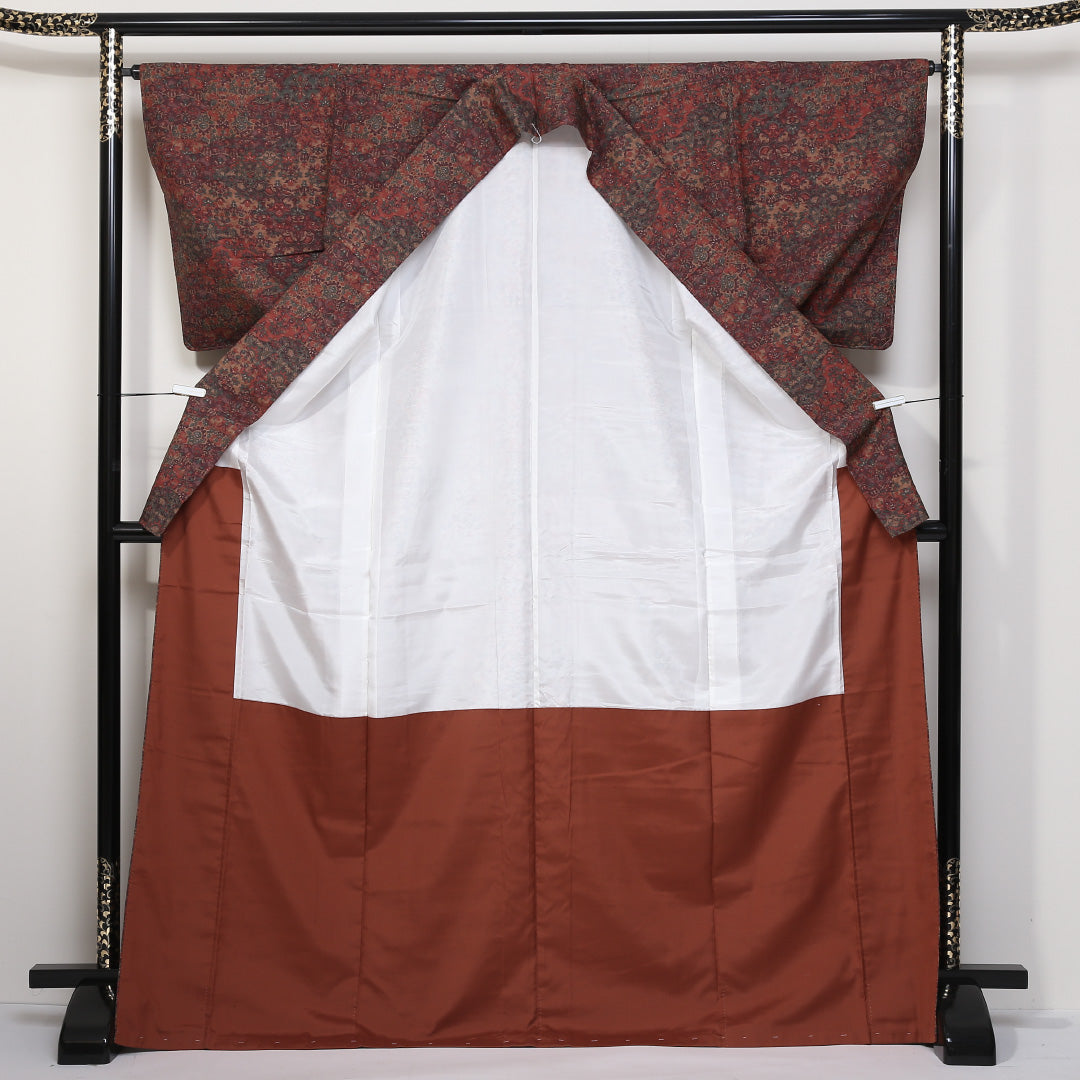 紬 袷 身丈173cm 裄65cm 正絹 茶系 Sランク 更紗 しつけ糸 1216-00661-2614
