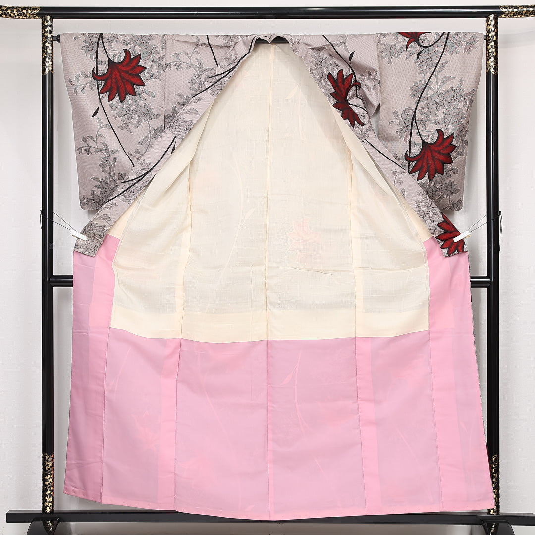 アンティーク お召 袷 身丈150cm 裄丈65cm 正絹 Aランク バチ衿 Sサイズ 植物柄 グレー系 RP 1222-13221