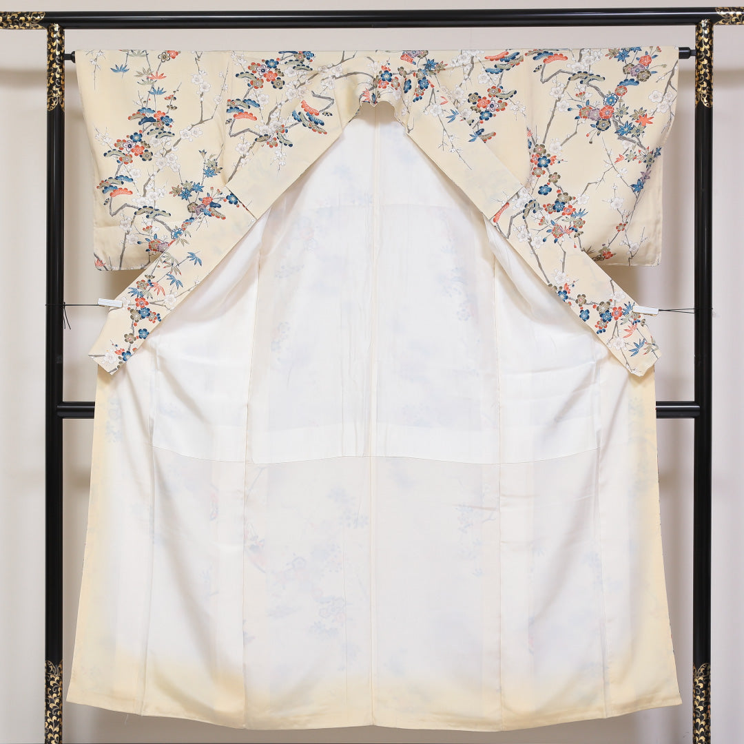 小紋 袷 身丈153cm 裄64cm クリーム系 梅 笠松 笹 紅葉 型染め 正絹 Aランク 1215-01771-3215